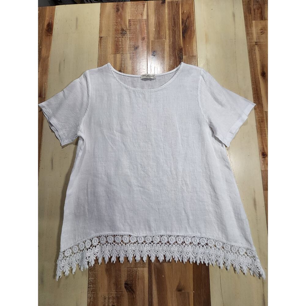 Made in Italy Linen Top White Crochet Lace Hem Boho Large
